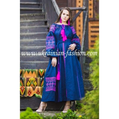 Boho Style Ukrainian Embroidered Maxi Dress Navy with Pink Embroidery
